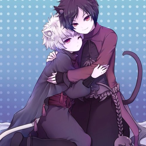 H..Hello.. Im ... Hiru -Hides behind Yoru- (The Light haired one) -Sighs and pats his head-Yo Im Yoru(The other one) 
Both:Care to play? 
(Both are bi & single)