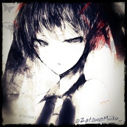 Vocaloid 01. The Noisy Miku dressed in Black&Grey. red-eyed, black-haired and pale. #VocaloidRP ENG/ID [follows back]