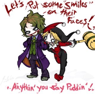 I'm MRS the Joker, I'm clown Princess of Crime and Insane Hehehehe, Married to @Clown_OfCrime My Puddin *sighs happily* oh and I got two kids: Circus and Jack