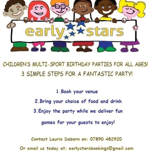EarlyStarParty's profile picture. Edinburgh and Lothians Kids Birthday Parties (MultiSports). See our pics for info. 
Find us on Facebook and Netmums also! 
Email: earlystarsbookings@gmail.com