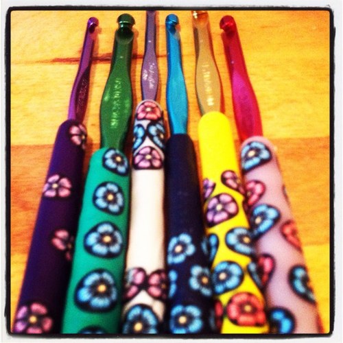 I make polymer clay crochet hooks to give them comfort + style. Each crochet hook is 1 of a kind + make a wonderful accessory for any avid crocheter.