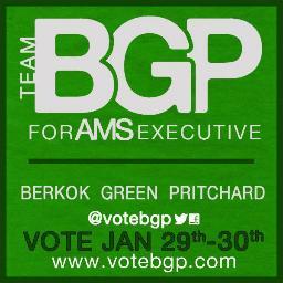 Team BGP is Eril Berkok for President (@eriljb) , Peter Green for VP Ops (@pgqueens) and T.K. Pritchard for VP UA (@tkpritchard).