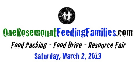 OneRosemountFF's profile picture. City-wide Packing Event * Food Drive * Resource Fair on Saturday, March 2, 2013
Held at Rosemount Middle & Rosemount Elementary
Sign Up Online