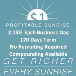 profisunrise's profile picture. Beneficios: 2.15% diario de lunes a viernes, Plan de 170 días.Ingreso mínimo $10, Retiro mínimo $1 en 60 Minutos.