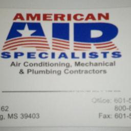 American Air Specialists of Mississippi provides 24-hour air conditioning, plumbing, & refrigeration services. Contact Us Today for a free quote!
601-583-2575