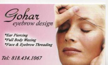 Eyebrow and Face Threading, Full Body waxing and Ear Piercing /Call 818-434-1067 to book an appointment.