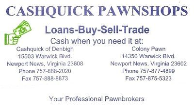 cashquick's profile picture. We are a professional pawnshop in the Hampton roads area with great deals on merchandise save 50 to 70% off jewelry store prices call us at 757-888-2020