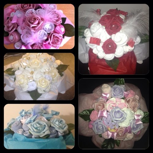 beautiful handmade bouquets made from 15 items of baby clothes a perfect gift available in pink, blue and cream.x