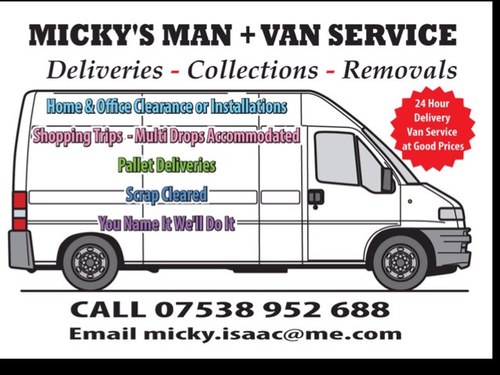 MICKYSMANANDVAN's profile picture. HI THERE IM OFFERING MAN AND VAN SERVICE! 1,2 or 3MEN AND A VAN DELIVERIES-REMOVALS-COLLECTIONS
HOME & OFFICE CLEARANCE OR INSTALLATIONS! PALLET DELIVERIES