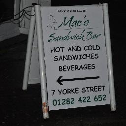 Welcome to Mac's Sandwich Bar, we are a very friendly family run business: Mon - Fri : 7:30am to 3:00pm / Saturdays - 8:00am to 2:00pm, 01282 422652/07792059621