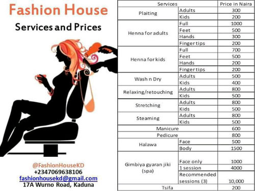 Quality, yet affordable beauty and fashion. Our services cover modern and traditional: Spa, hair, design and tailoring. 17A Wurno road, Kaduna. 07069638106