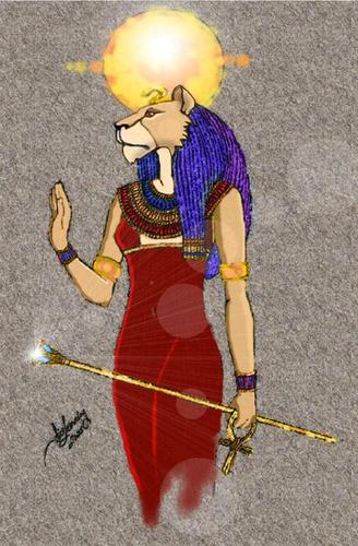 Sehkmet is the goddess of lions and fire also goddess of vengeance, alter form of Isis.