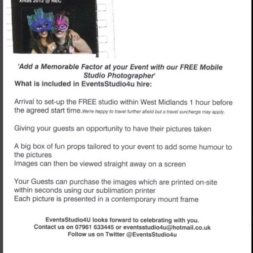 EventsStudio4u's profile picture. 'Add a Memorable Factor at your Event with our Free Mobile Studio Photographer' Contact us now for further details: 07961 633445