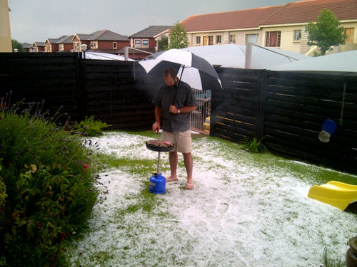 Only real men braai in the hail!