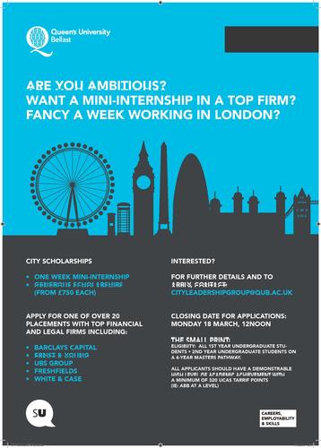 Finance/Law scholarships for 1st Year students providing them with unique summer internship opportunities in London, Dublin, New York, Liverpool and Edinburgh.