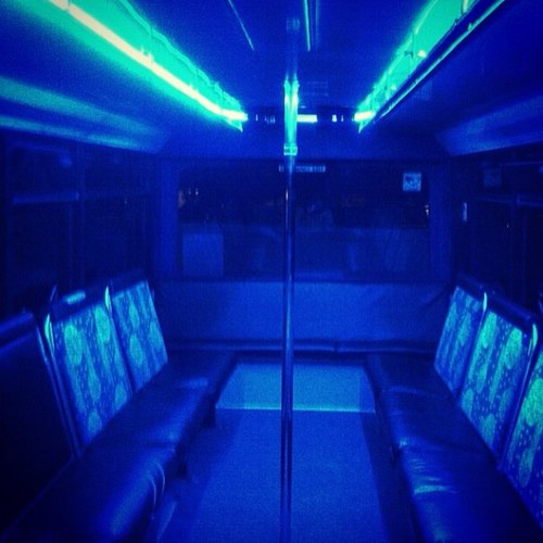 The swat party bus is a black mercedes benz bus that holds 30 & 45 people . It has full stereo sound system , laser lights and a dancing pole call 0421826562