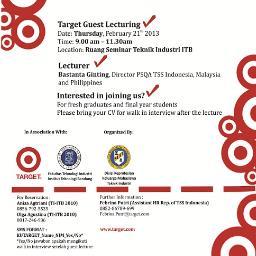 Akun informasi tentang kuliah umum PT Target Kamis,21 Februari 2013 jam 09.00-11.30 di Ruang Seminar TI ITB. Bekerjasama dengan @MTI_ITB