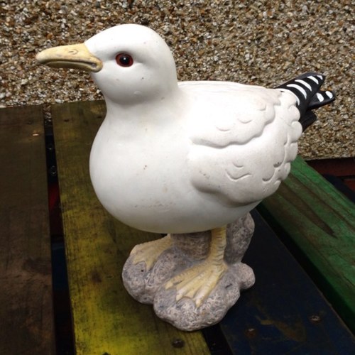 Hi, i'm not your typical Seagull as i am made of stone so get carried mostly. I was stolen from a back garden in Motherwell in 2002...now of sentimental value.