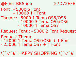 Mau tampilan BB mu menarik dengan tema/font yang unik&lucu? Belanja disini aja (´▽`ʃƪ) , Harga cek ava ;),Koleksi bsa liat di fav . Pin 27D72EFE #TrustedOLShop!