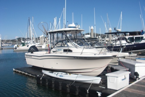 A very sweet and capable Grady White 228 Seafarer, boat in Clipper Harbor, Sausalito, California. I love to fish for salmon, and go crabbing.