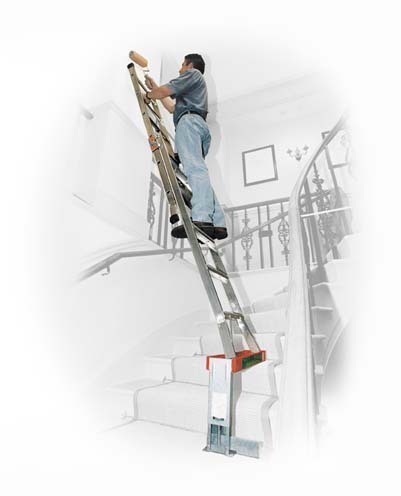 THE SOLUTION TO STAIRWELL ACCESS! A unique device enabling the professional decorator to access walls and ceilings above stairs and steps using any ladder.