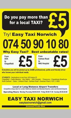 easytaxinorwich's profile picture. Do you pay more than £5 for a local taxi? Try Easy Taxi 07450901080    Stansted £75 Gatwick £125  Heathrow £120