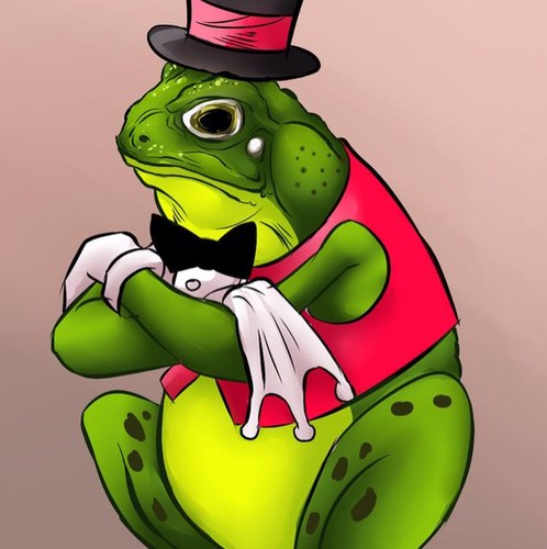 Soy un sapo galán simpatico, Patas Verdes soy yo. Uso moño en mi pechera y chaquetín de botón