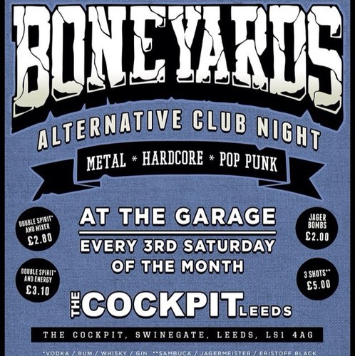 Boneyardsclub's profile picture. Boneyards is the brand new metal/hardcore/pop punk party that takes place during the Garage on the third Saturday of every month brought to you by Ghost Music.