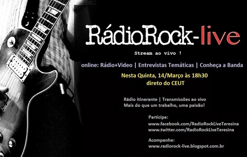 Nesta Quinta, 18h30, Estréia da Rádio Rock-Live!
CEUT | Transmissão online de Rádio e Video | Temática Rock 'n Roll | Entrevistas | Quadro Conheça a banda