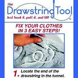 This great tool quickly retrieves the 'lost' drawstring in the tunnel of your sweatpants, hoodies, pajamas, etc...  A MUST for every household!