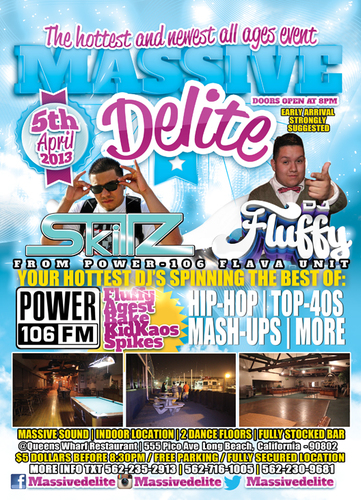 LONG BEACH NEWEST ALL AGES PARTY SPOT!!
OPENS UP THIS APRIL 5TH- WITH GUEST DJ.S FROM POWER 106.. ... WE ARE LOOKING FOR PROMOTER$$ massivedelite@gmail.com