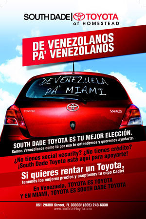 South Dade Toyota Rent A Car. It's not just a rental, it's a Toyota!
  Contact us:
  By email: trac.miami@southdadetoyota.com 
 By phone: (305)242-3211