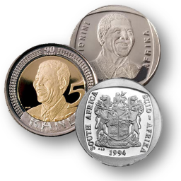 Specialists in Nelson Mandela Coins and Gold Krugerrands.
Nelson Mandela proof (PF) coins and Mint State Coins (MS).