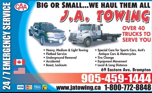 Follow J.A Towing on facebook or look us up on the web at http://t.co/VNYLUAwjTf /www.jatowing.com Big or small we haul them all. Call us at 905-459-1444 .