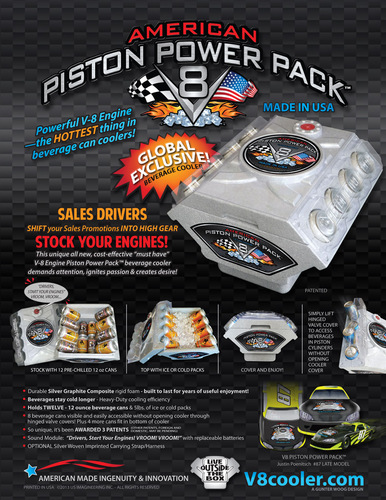 v8cooler's profile picture. Piston Power Pack V8 Cooler holds up to 12 cans of your favorite beverage plus 5# of ice! Press the sound chip drivers start your engines!!