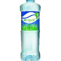 re:newal vapor distilled water, packaged in 100% plant-based bottles.