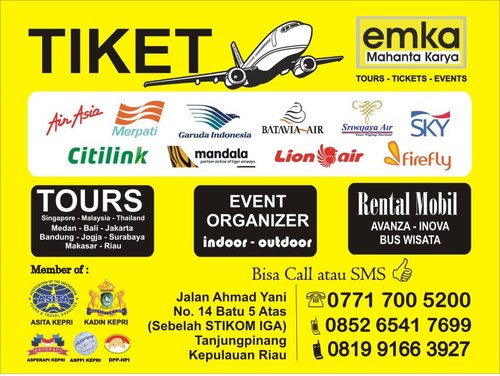 PT.MAHANTA KARYA
EMKA TOURS & EVENTS
Melayani penjualan tiket pesawat online , paket Tours dalam dan luar negeri
No.Telp 0771 700 5200 
Hp 0852 6541 7699