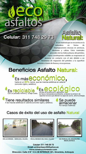 asfalto ecológico y protección medio ambiente 
ecoasfaltos@yahoo.com