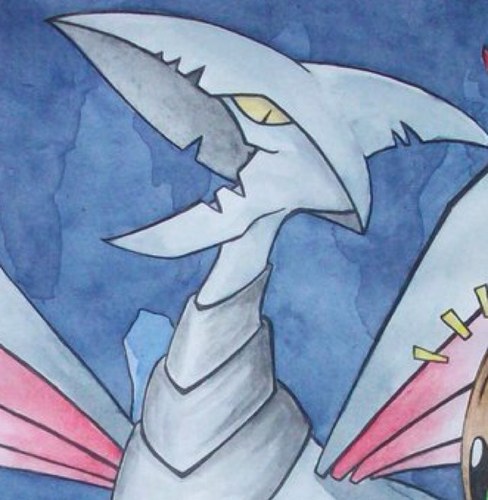 Skarmory's steel wings become tattered and bashed in from repeated battles. This Pokémon slashes foes with its wings that possess swordlike cutting edges.