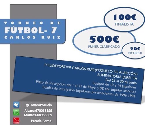 Torneo de Futbol 7 en el polideportivo Carlos Ruiz. 500€ para el ganador y muchos premios mas. Dudas en info por DM o a torneocarlosruiz@gmail.com