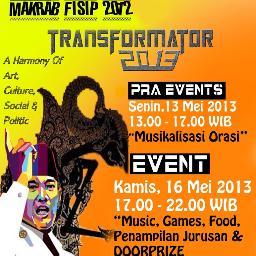 _transformator's profile picture. Follow us for further information about Makrab FISIP 2012. Pra Event 13 Mei 2013 dan Event 16 Mei 2013