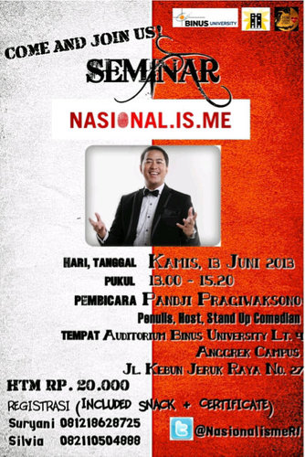 NasionalismeRI's profile picture. Hari: Kamis, 13 Juni 2013 | Pkl: 13.00-15.20 | Auditorium Lt.4 Binus University Anggrek Campus | CP: Suryani 081218628725, Sisi 082110504888
