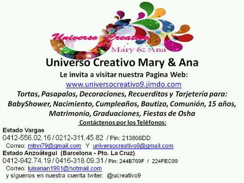 Universo Creativo Mary & Ana
  Le invita a visitar nuestra Pagina Web:
  http://t.co/CT6uce5XXU 
Le ofrecemos a nuestros clientes esmerada atención y calid