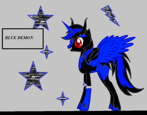 Hello Im Blue Demon.A male Pegasus of Evil and Dark.Beware little Ponies ill come in your dreams turning them into bad one bahaha Male/Brony/Single/Bi