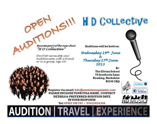 A new choir in Reading. Auditions Thurs 27th June & Mon 1st July 2013 in Reading. Managed by @leonhdmusic, e-mail: hdc@musicisourpassion.com for more info.