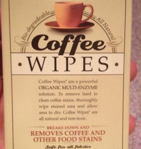 coffeewipes's profile picture. Coffee Wipes are a powerful ORGANIC multi-enzyme solution. Created to remove coffee, tea, and many other stains. Simply wipe stained area and allow area to dry