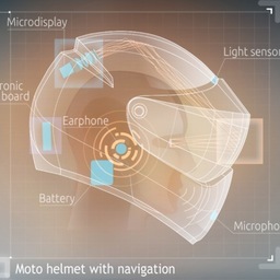 Unique hi-tech motorbike helmet with built-in navigation system and voice controlled interface.