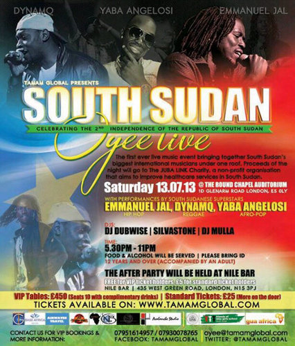 Come and celebrate the 2nd Independence of the Republic Of South Sudan with live performances by @EmmanuelJal, @Dynamq, @YabaAngelosii. Saturday 13.07.13
