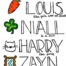 I wub carrots bec Lou. I wub mirrors bec Zayn. I wub cats bec. Harry. I wub food bec Niall. I don't wub spoons bec Liam.