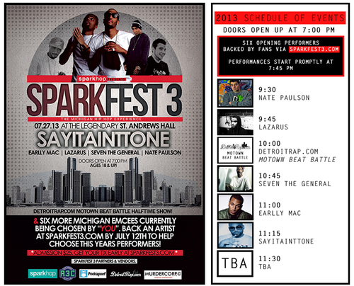 Sparkhop Presents Sparkfest 3. An all day MICHIGAN Hip Hop event located in Downtown Detroit at the St Andrews Hall More info @ http://t.co/E1QLH0Az1J .